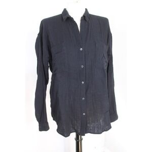 Eileen Fisher L/XL? Black Crinkle Gauze Button Up Shirt Long Sleeve Casual Top